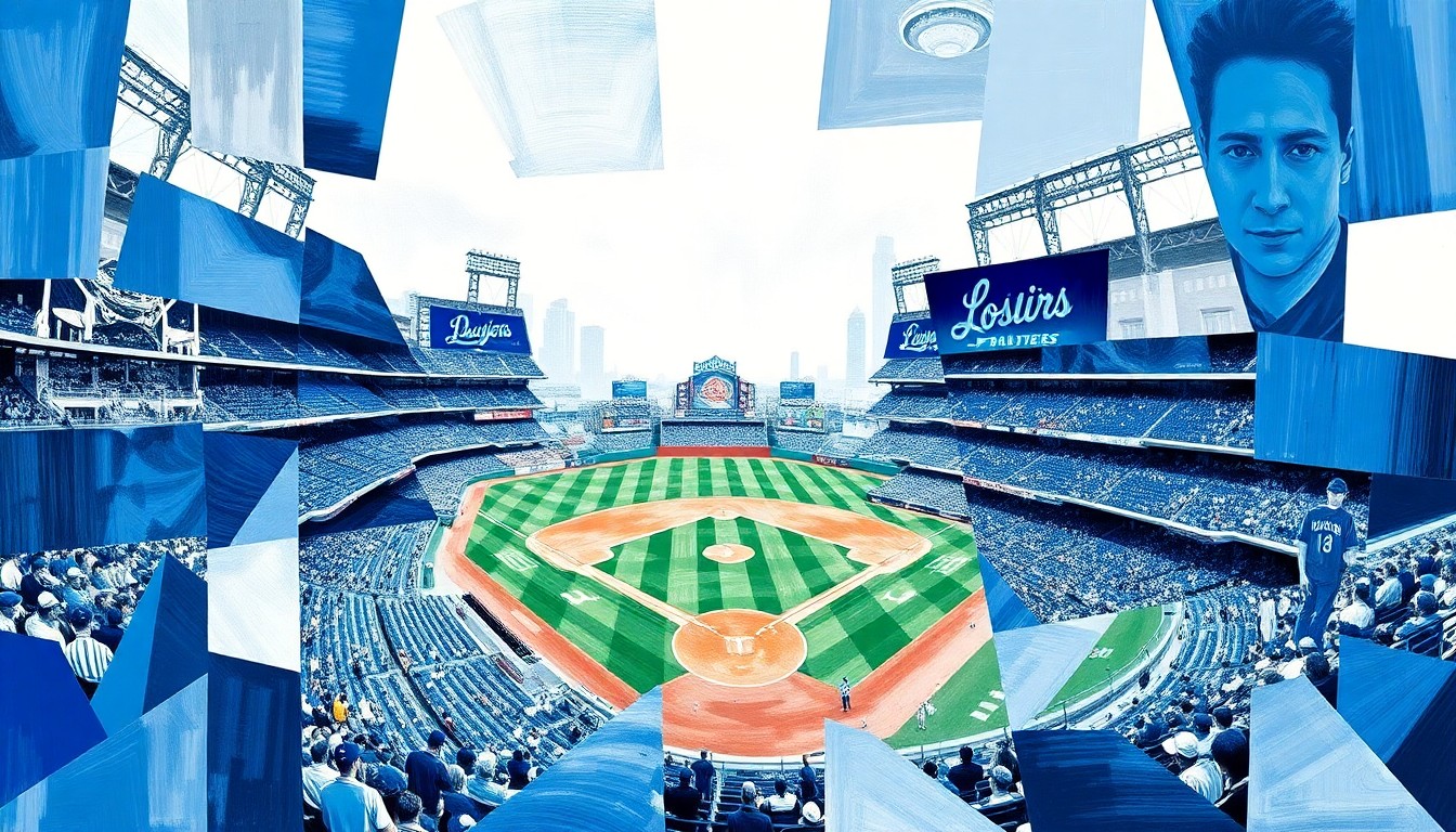 A cubist, geometric painting depicting a baseball game in progress, with overlapping shapes and planes of blue and white representing the players, field, and stadium.