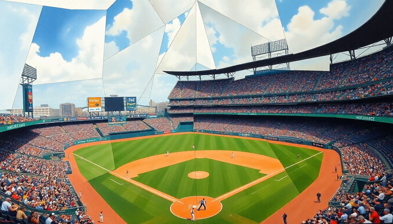 A fragmented, geometric painting depicting a baseball game, with players, field, and crowd broken down into abstract shapes and angles, conveying the dynamic energy of the sport.