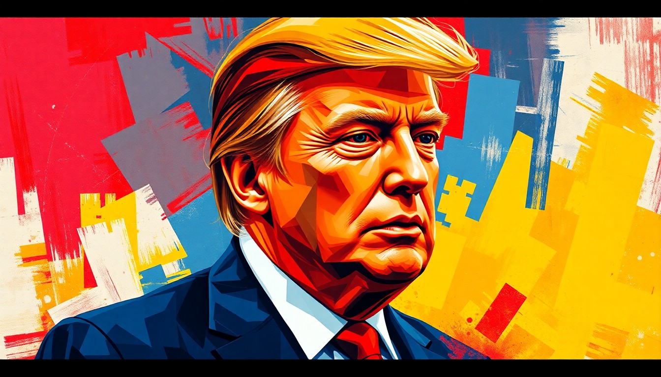 A dynamic, fragmented painting of a political figure in motion, with overlapping geometric shapes and bold, clashing colors conveying a sense of turbulence and change in the California governor's race.