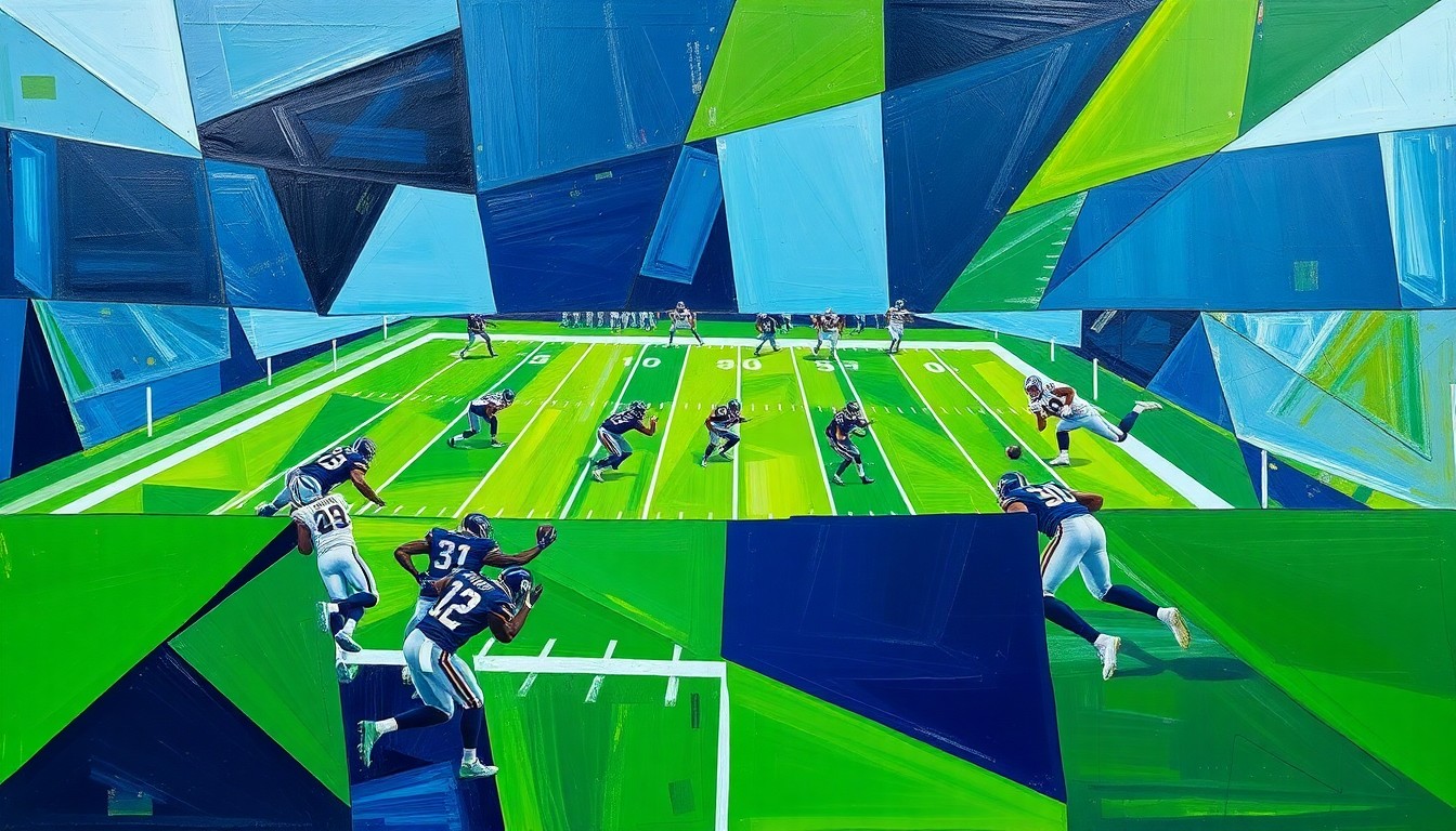 A cubist, geometric painting depicting a football quarterback in motion, with the player's form broken down into sharp, overlapping planes of navy blue, lime green, and silver, capturing the dynamic energy of the sport.