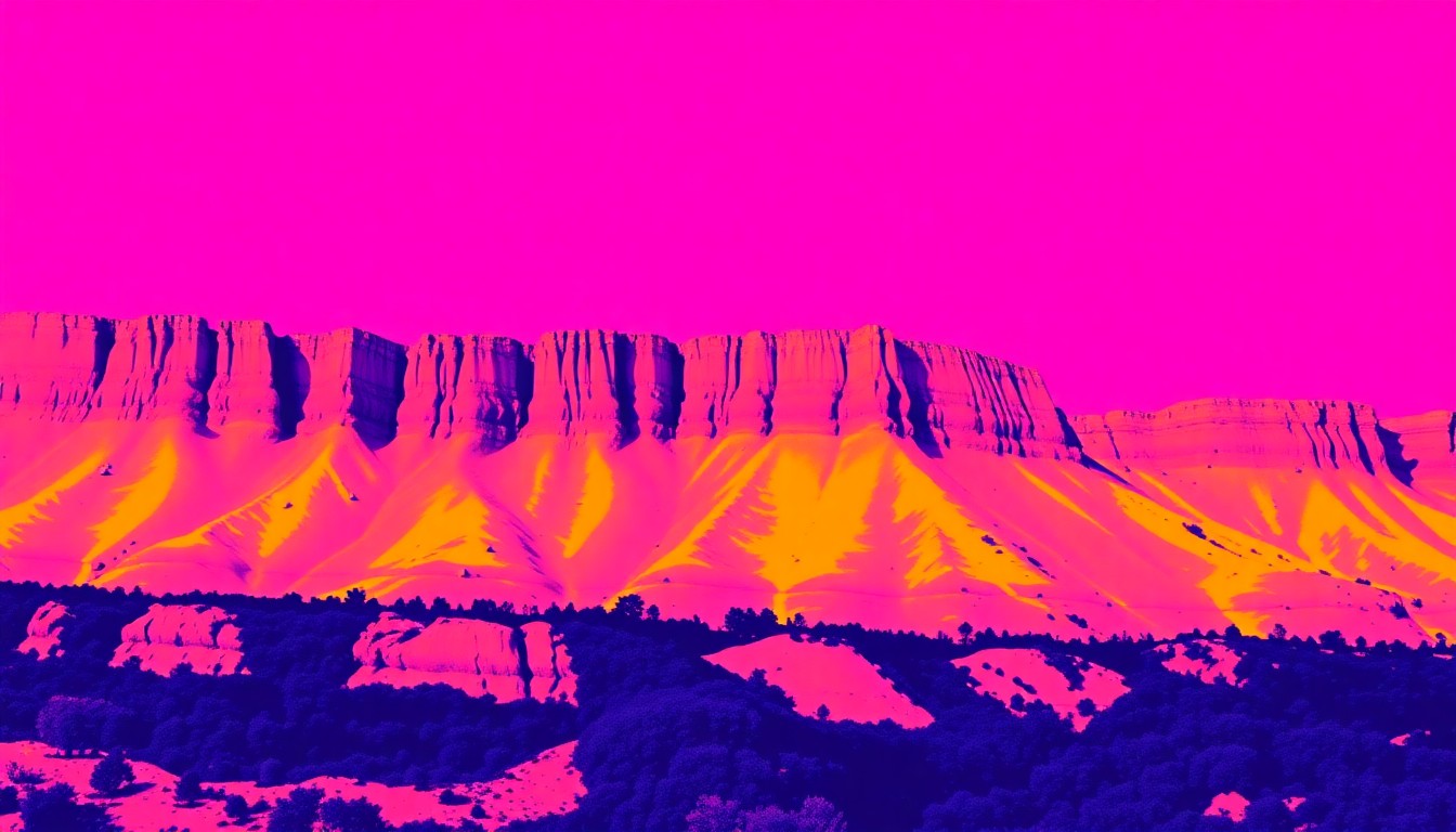 A grid of brightly colored, high-contrast silkscreen images depicting the Fairview Park bluffs, rendered in a bold, abstract pop art style using flat neon hues and heavy black outlines, conceptually representing the revitalization of this natural landscape.