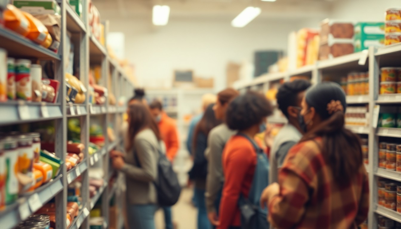 An abstract, out-of-focus photograph in warm tones depicting the shelves and aisles of a well-stocked food pantry, with the blurred shapes of people browsing the selection of fresh produce, canned goods, and other groceries.