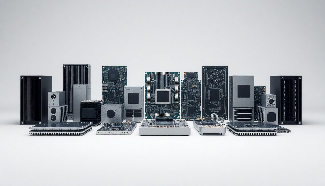 A high-end studio still life photograph featuring a collection of sleek, metallic electrical components and circuit boards arranged elegantly on a clean, monochromatic background, conceptually representing the advanced technology and infrastructure powering modern data centers and AI systems.