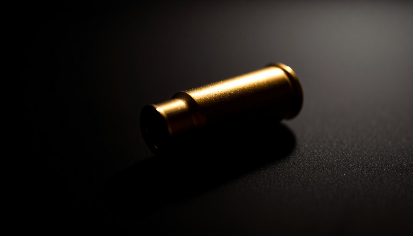 An extreme close-up photograph of a bullet casing on a pitch-black background, the harsh flash illuminating the metallic texture and details of the object, conceptually representing the serious and investigative nature of discussions around gun violence.