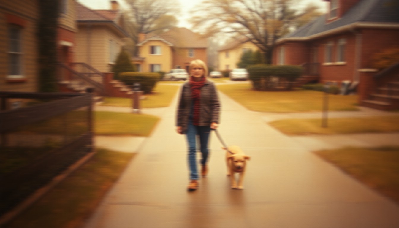 An abstract, out-of-focus scene of a person walking a dog on a leash, with soft, warm-toned colors and blurred shapes, conveying the emotional tone of the story about the need for responsible pet ownership.