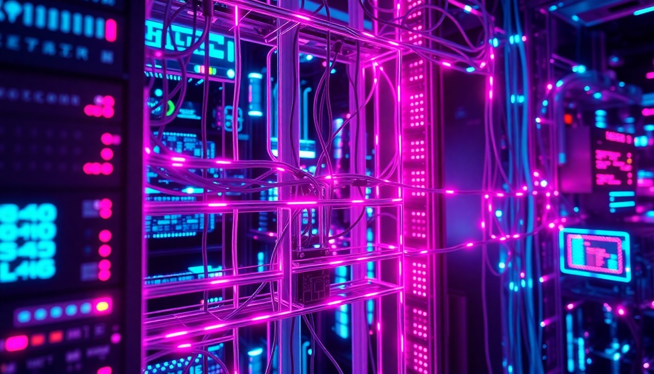 A highly detailed, glowing 3D macro illustration of a complex network of interconnected digital infrastructure, including servers, cables, and other cybersecurity elements, all illuminated by neon cyan and magenta lights, conceptually representing the technical complexity and high-stakes nature of the cyberattack on Winona County's critical systems.