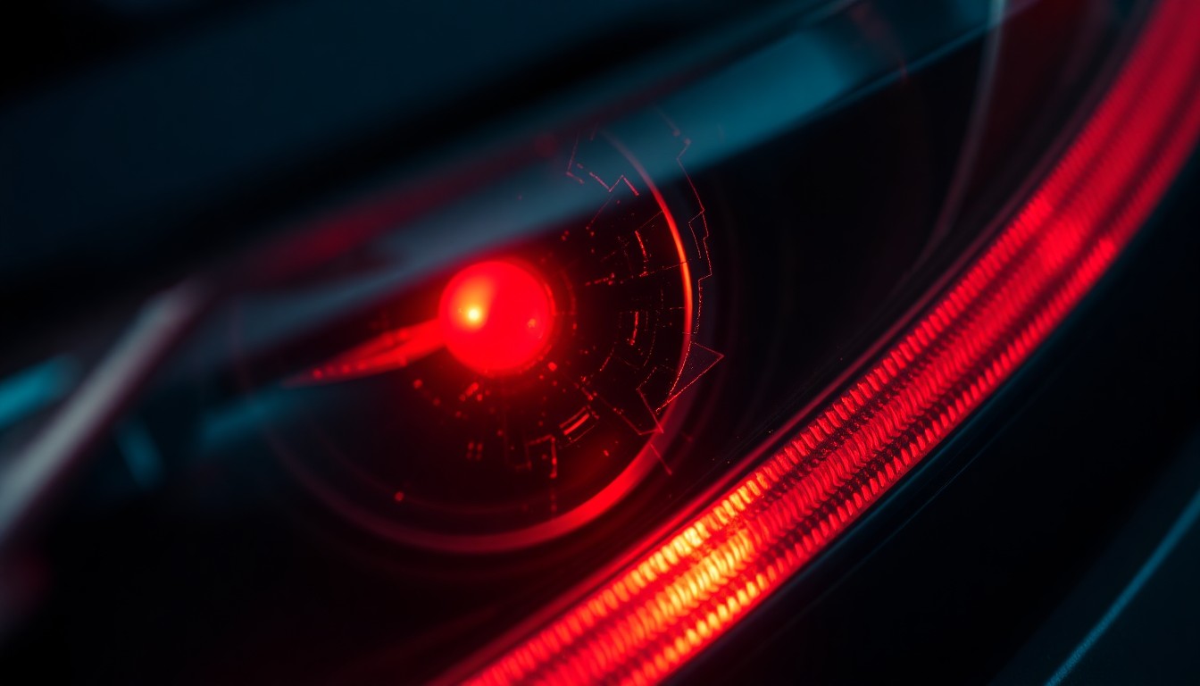 An extreme close-up photograph of a broken car sensor lens reflecting a faint red light, conceptually illustrating the misuse of technology to fabricate evidence.