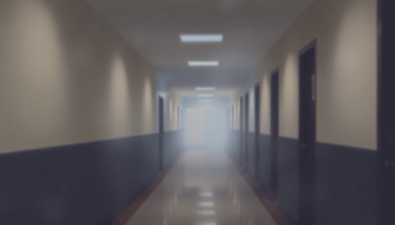 An abstract, blurred image of a school hallway, with soft pools of warm light and color, conveying a sense of change and uncertainty within the education system.