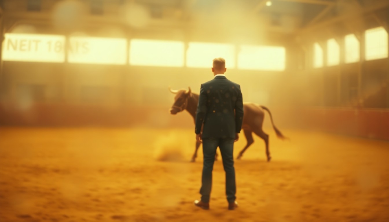 An extremely blurred and abstracted scene in warm tones depicting a person in a suit standing in a dusty arena, with a faint outline of a charging animal in the background, conceptually representing the embarrassing memories described in the story.