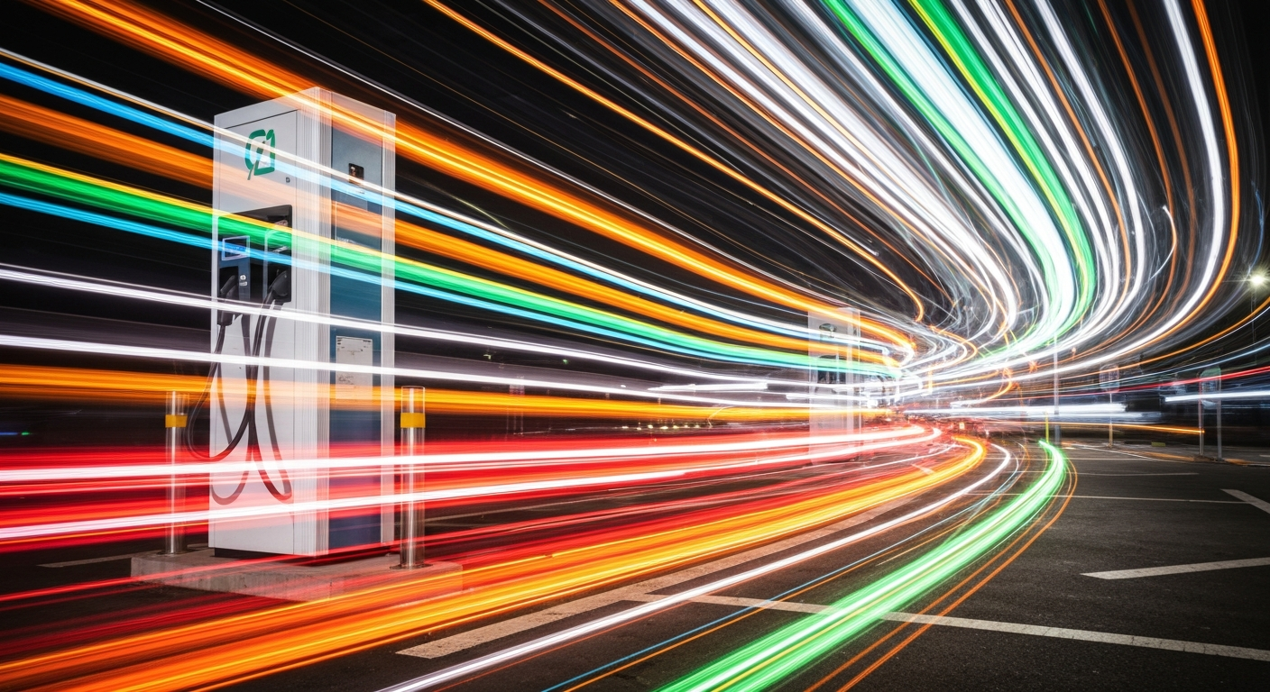 An abstract, colorful image of an electric vehicle charging station, with the charger and surrounding environment blurred into dynamic, sweeping streaks of motion, conveying the speed and energy of modern transportation.