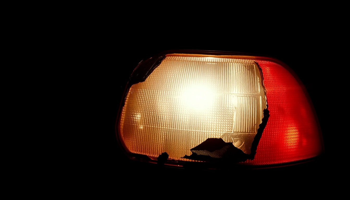 An extreme close-up photograph of a charred NYPD vehicle part, such as a melted taillight, lit by a harsh, direct camera flash against a pitch-black background, creating a stark, gritty, investigative aesthetic.