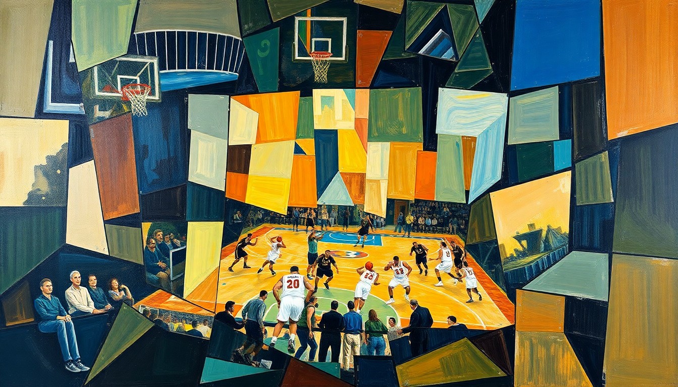 A cubist-style painting depicting a basketball game or match, with the players and court broken down into sharp, overlapping geometric shapes and planes in vibrant colors, conveying the chaotic and disjointed nature of the Miami Heat's season.