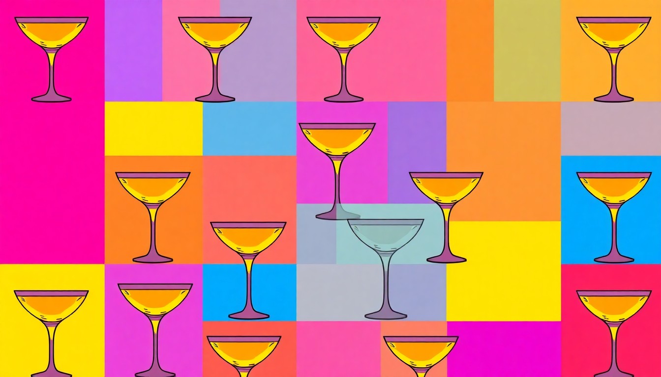 A highly stylized, abstract grid of brightly colored cocktail glasses in neon shades of pink, orange, and blue, conveying the energy and creativity of the local bar scene.