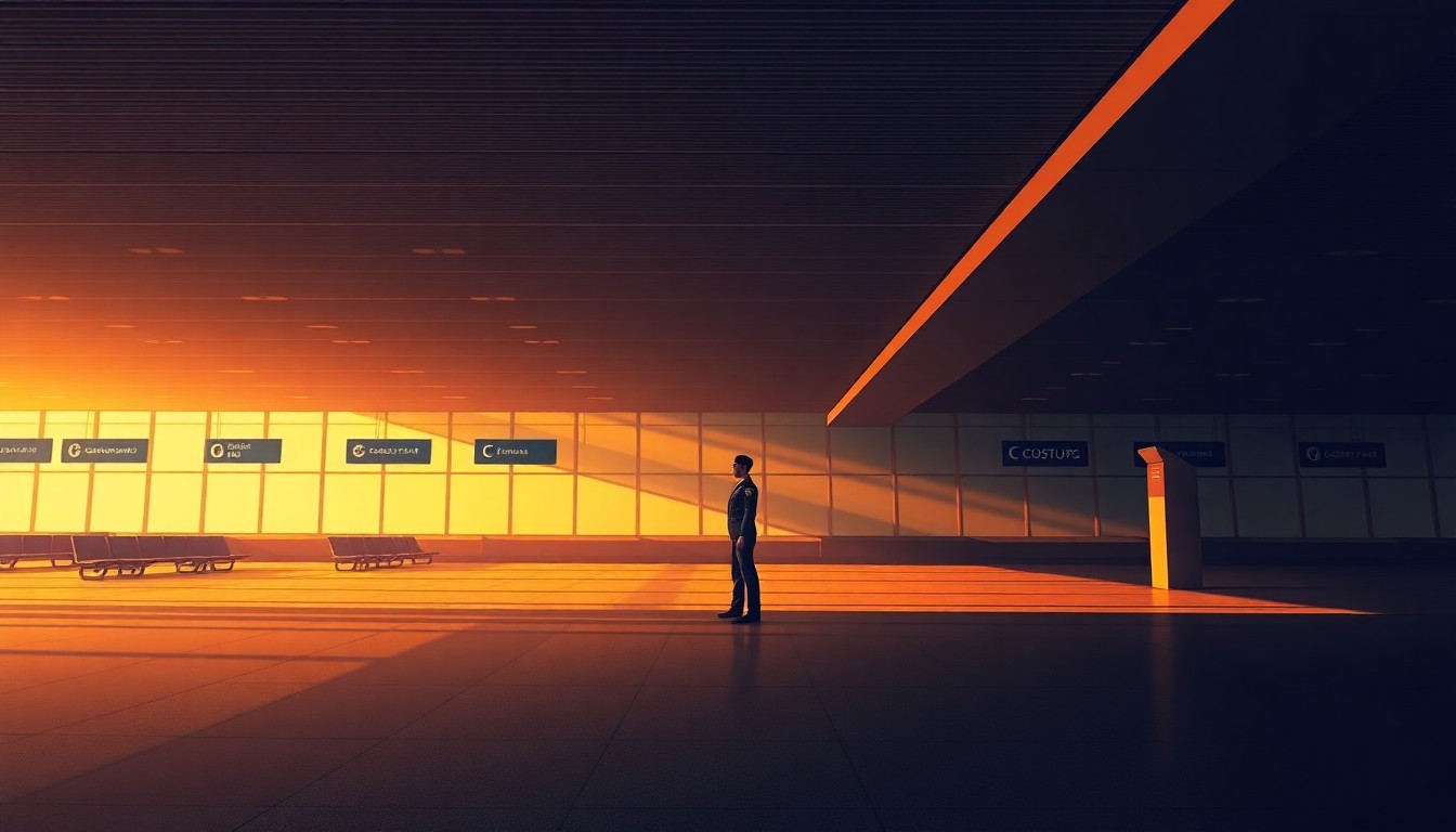 A cinematic painting of a lone customs officer standing in an empty airport terminal, the space bathed in warm, diagonal sunlight and deep shadows, capturing the quiet tension and uncertainty of the political standoff.