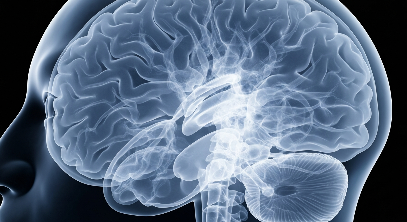 An extreme close-up, translucent X-ray photograph revealing the intricate neural structures of a human brain, conceptually representing the complex nature of bipolar disorder.