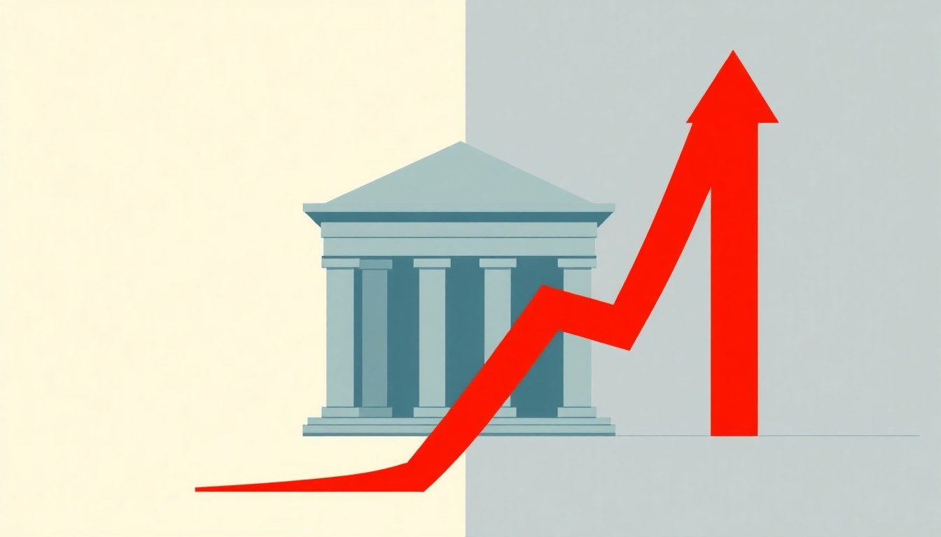 A minimalist, abstract illustration featuring overlapping triangles and circles in shades of blue, red, and yellow, conceptually representing the Federal Reserve's interest rate policy decisions and their impact on the broader economy.