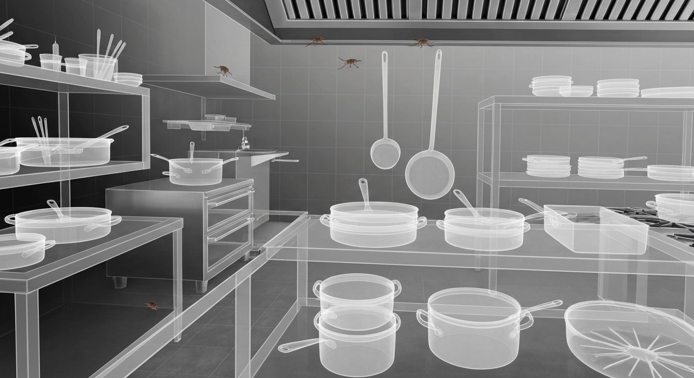A ghostly, translucent X-ray image revealing the internal structure of a restaurant kitchen, with faint outlines of cooking equipment and vermin moving through the shadows, conceptually illustrating the unseen sanitation issues that led to a restaurant's closure.