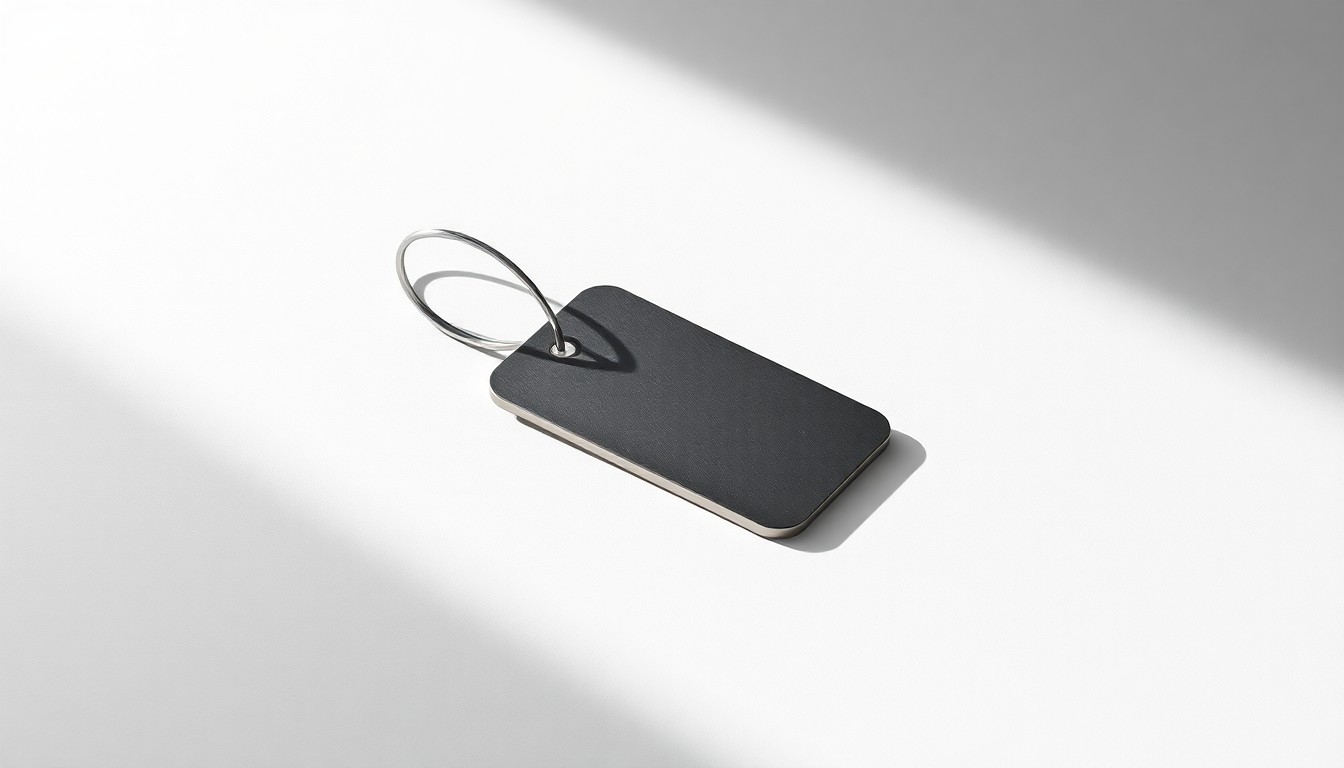 A high-end, photorealistic studio still-life photograph featuring a single, polished metal luggage tag resting on a clean, monochromatic background. The tag is lit dramatically with sharp shadows, conceptually representing the financial pressures facing airlines due to rising fuel costs.