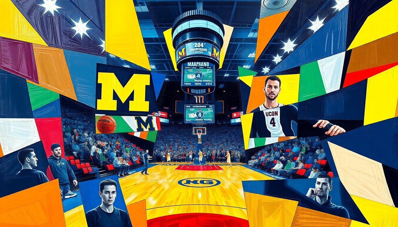 A cubist, geometric painting depicting the action and energy of the NCAA men's basketball championship game between Michigan and UConn, with the players and court rendered in a fractured, multi-perspective style.