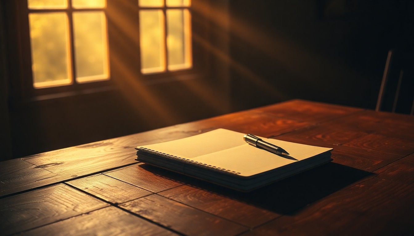 A close-up painting of a journalist's notebook and pen resting on a wooden table, with warm lighting and deep shadows creating a cinematic, nostalgic mood.