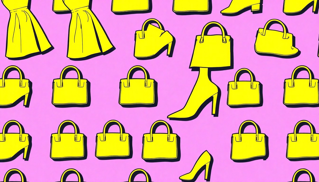 A vibrant, high-contrast silkscreen print featuring a repeating grid pattern of a single butter yellow fashion item, such as a dress or shoe, rendered in a bold, pop art style with flat, neon-like colors and heavy black outlines.