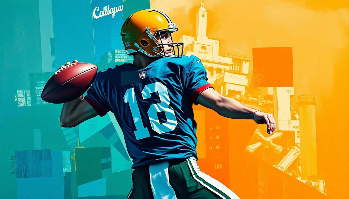 A cubist, geometric painting depicting a quarterback in motion, with sharp, overlapping planes of color representing the fractured, multi-perspective nature of the sport.