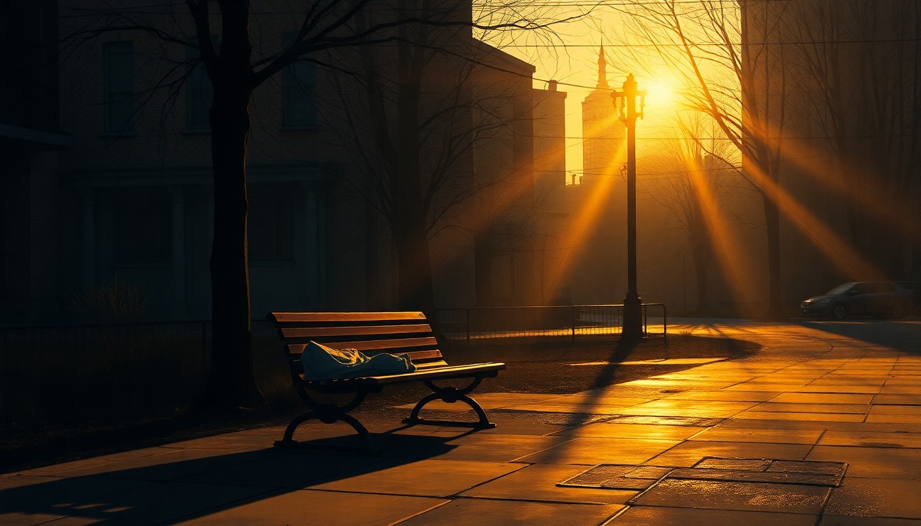 A serene, cinematic painting of a park bench or makeshift homeless shelter in an urban setting, bathed in warm sunlight and deep shadows, conveying a sense of solitude and the need for more comprehensive support.