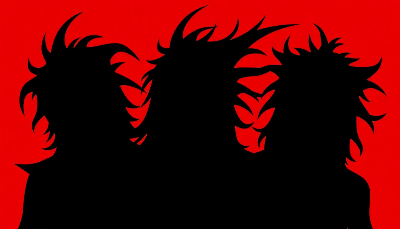 An abstract, minimalist illustration featuring sharp, overlapping black silhouettes against a bold red background, conceptually representing the members of the heavy metal band Twisted Sister.