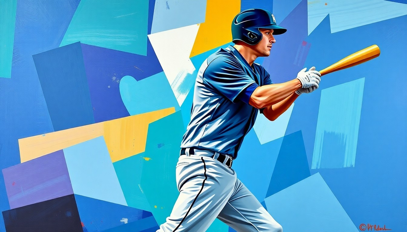 A cubist, geometric painting depicting a baseball player's motion broken down into overlapping planes of navy, teal, and white, conceptually representing the Mariners' need to adapt to an injury in their outfield.