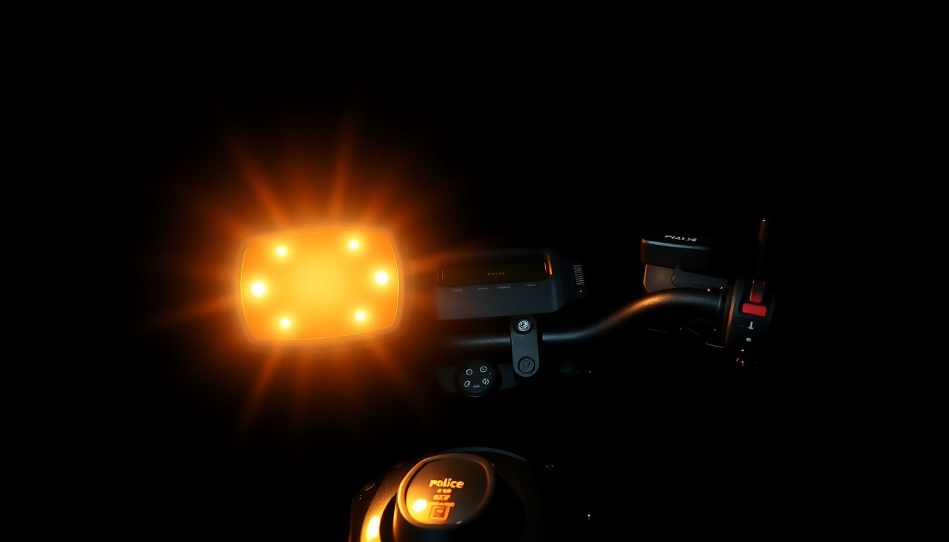 An extreme close-up of a police e-bike's handlebar controls and display, lit by a harsh, direct flash against a dark background, conveying a stark, gritty investigative aesthetic.