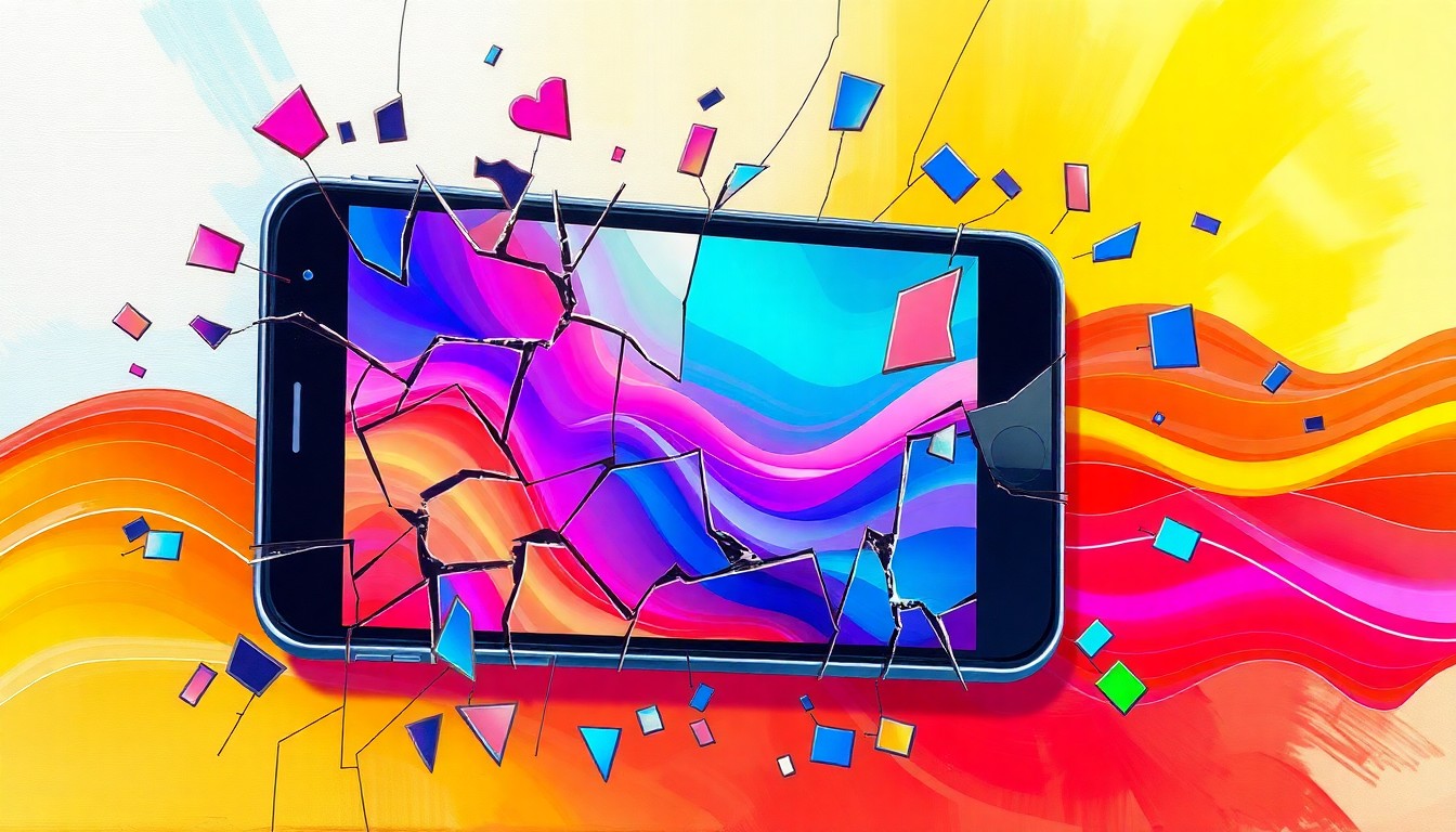 A fragmented, abstract painting of a smartphone screen in shattered pieces, with overlapping waves of bright neon colors representing the addictive and harmful nature of social media platforms.