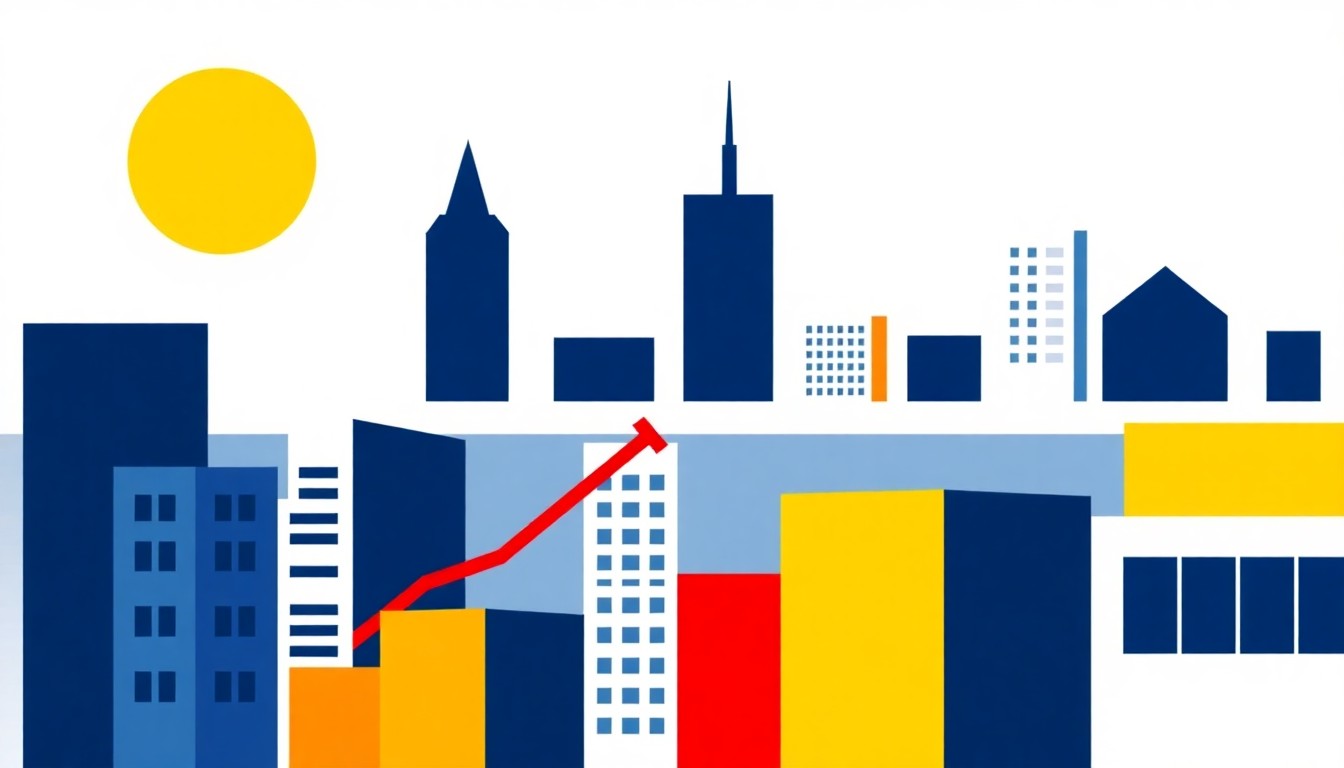 A geometric abstract illustration using bold shapes and primary colors to represent the stable economic indicators in Iowa, without any text or literal depictions.