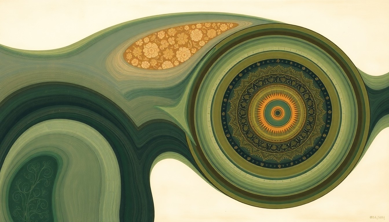 A highly structured abstract painting in soft, earthy tones of green, blue, and brown, featuring sweeping geometric arcs, concentric circular patterns, and precise botanical spirals, conceptually representing the complex forces and natural flow of a river ecosystem.