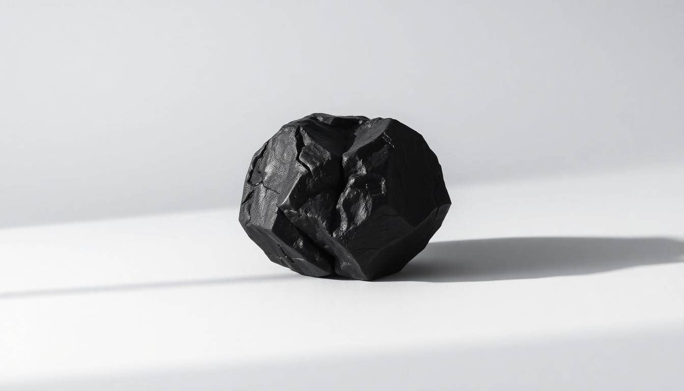 A highly detailed, photorealistic studio photograph of a single, polished black coal briquette resting on a clean, monochromatic background, dramatically lit to symbolize the complex role of coal power in the energy transition.
