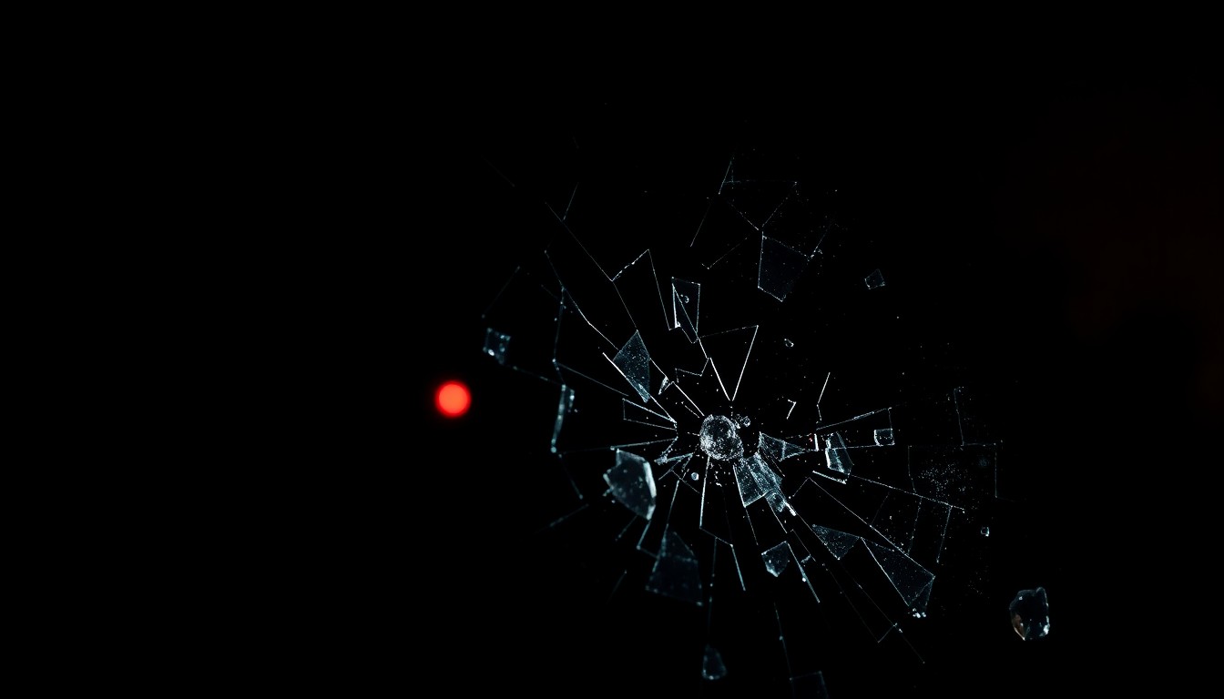 An extreme close-up photograph of shattered glass reflecting a faint red light, conceptually illustrating the gritty details of a criminal investigation.