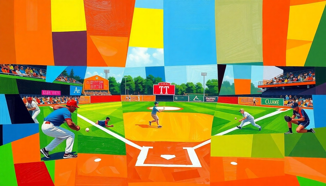 A dynamic, geometric painting in bold primary colors depicting the action and energy of a high school softball game, with players and the field broken down into fragmented, overlapping shapes.