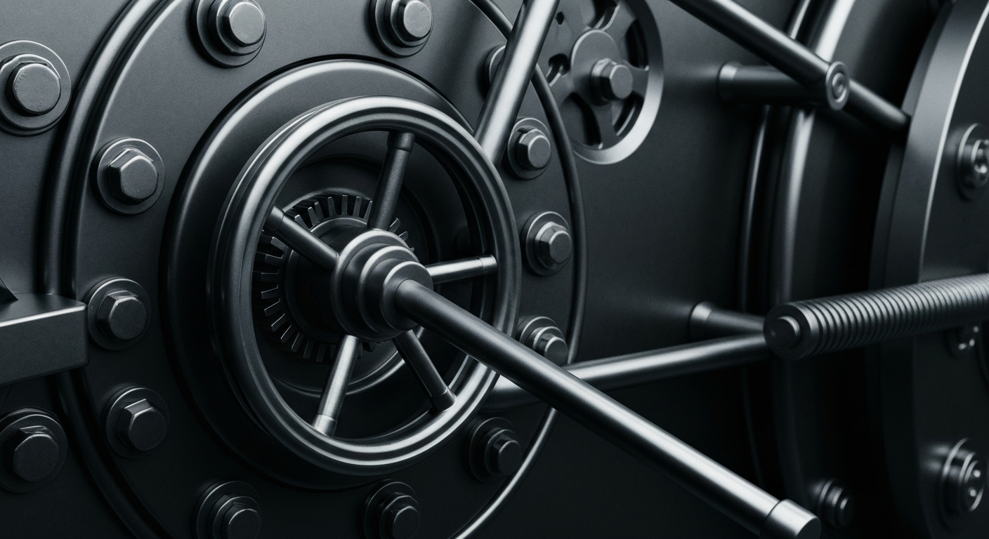 An extreme close-up of the intricate gears and mechanisms of a heavy bank vault door, representing the secure infrastructure of the financial system.