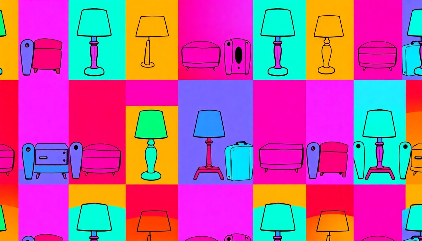 A high-contrast silkscreen print in neon pink, yellow, and teal, featuring a repeated image of a vintage lamp or other iconic design piece from the home, rendered in a bold, graphic style that transforms the everyday into modern art.