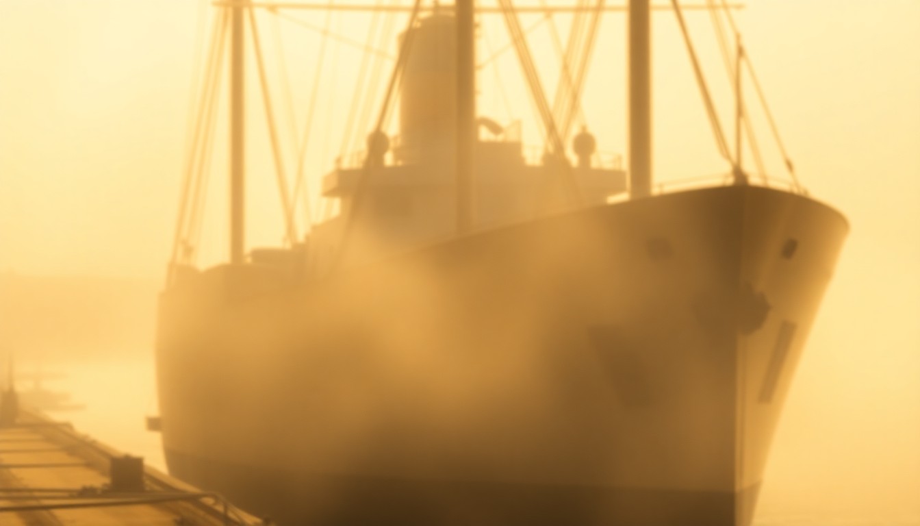 A soft, impressionistic photograph of the Jeremiah O'Brien docked at Pier 35, with the ship's outline barely visible through a hazy, golden-toned atmosphere, capturing the historical significance and timeless allure of this wartime vessel.
