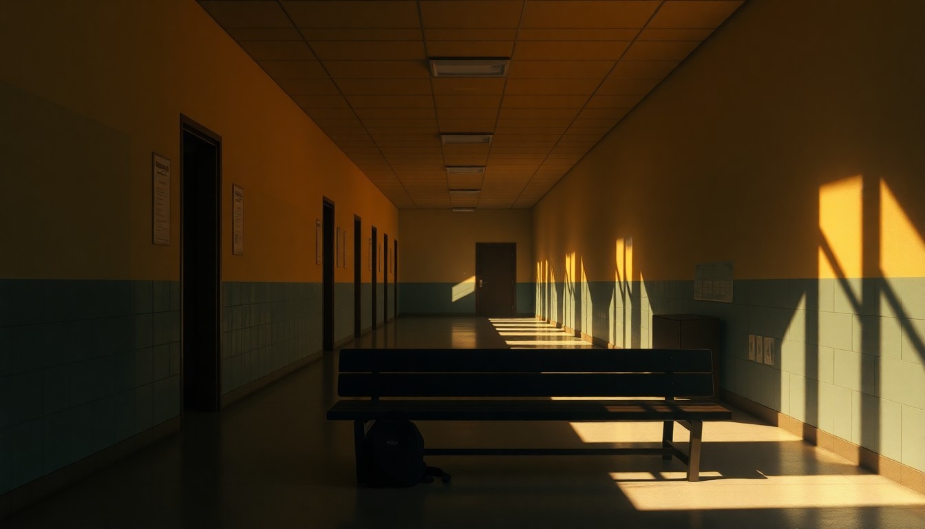 A dimly lit, textured oil painting of an empty school hallway with a single student's backpack left behind on a bench, conveying a sense of melancholy and the challenges facing public education.