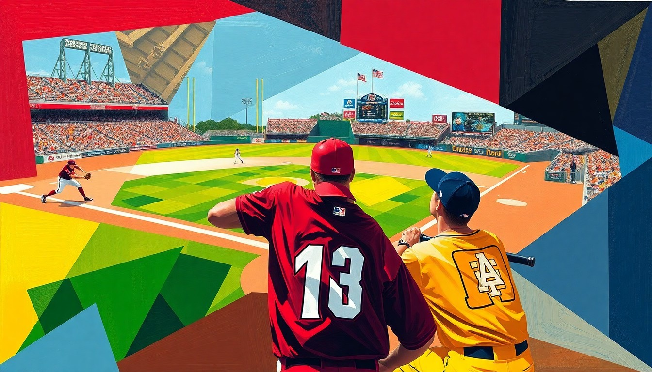 A fractured, multi-perspective painting in bold, overlapping geometric shapes and planes, capturing the energy and movement of a college baseball game.