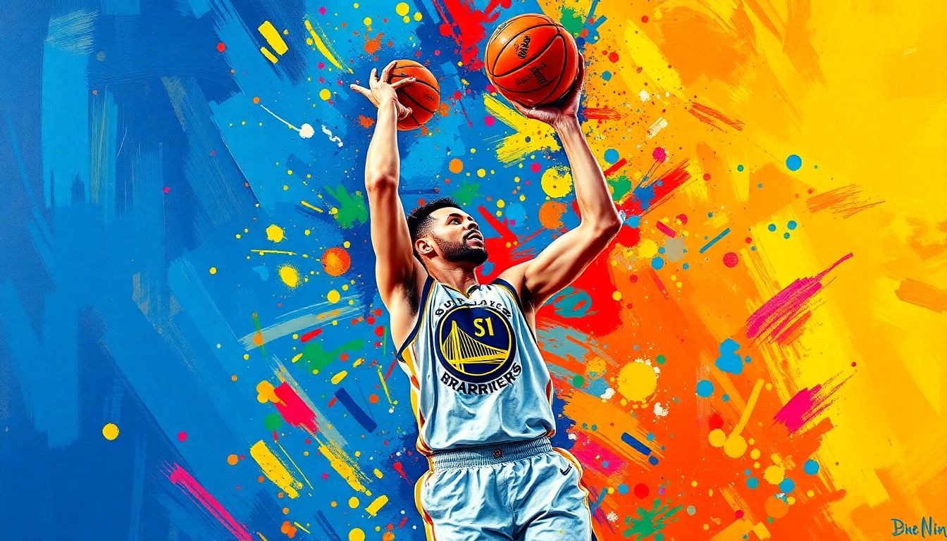 An extreme close-up of Steph Curry's body in motion, captured in a vibrant, expressionist painting style with rapid brushstrokes and neon colors, conceptually representing his skill and energy in converting a four-point play.