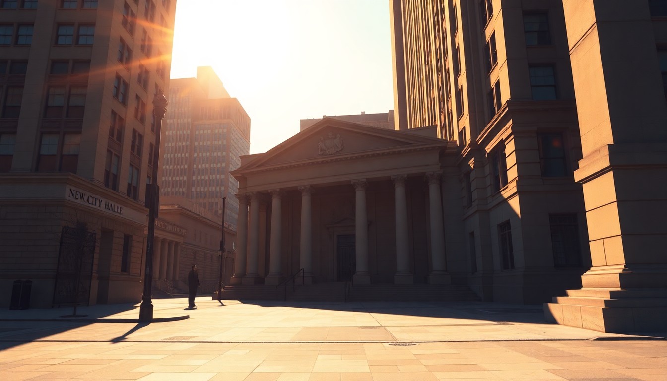 A photorealistic painting of the exterior of New York City Hall, with the building's classical architecture and civic presence rendered in warm, golden light and deep shadows, conveying a sense of political energy and civic pride.