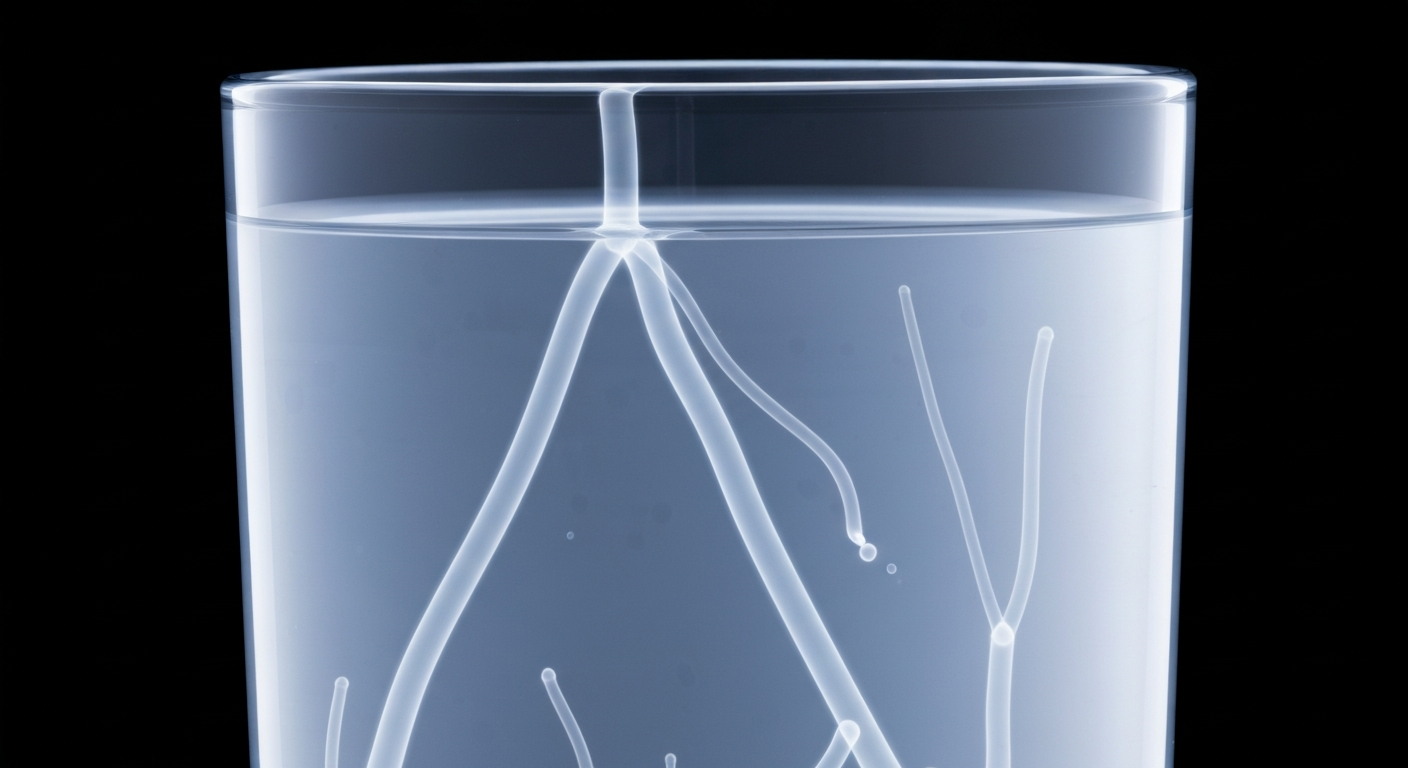 An extreme close-up X-ray photograph revealing the molecular structure of water, with ghostly glowing lines representing the presence of various contaminants like iron, manganese, arsenic, Atrazine, and uranium, conceptually illustrating the water quality issues in Fullerton.