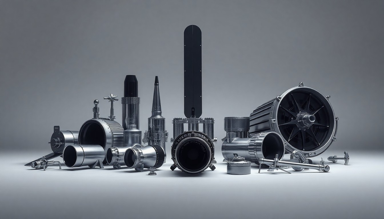 A photorealistic studio still-life featuring a collection of metallic aerospace components and satellite parts arranged elegantly on a clean, monochromatic background, conveying the abstract concepts of military strategy, advanced technology, and the future of space exploration.
