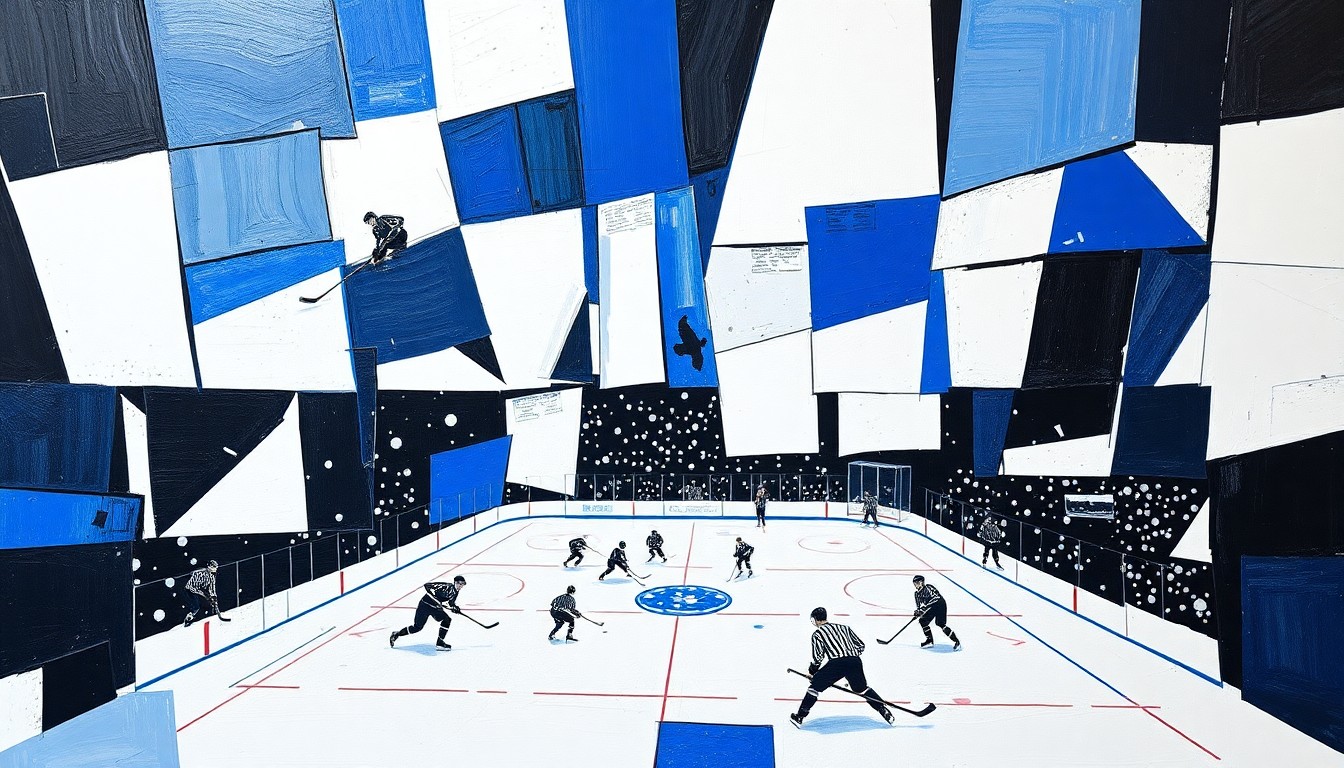 A cubist, geometric painting depicting a hockey game broken down into overlapping planes of black, white, and blue, conceptually representing the Bruins' acquisition of a promising young player from the local college ranks.
