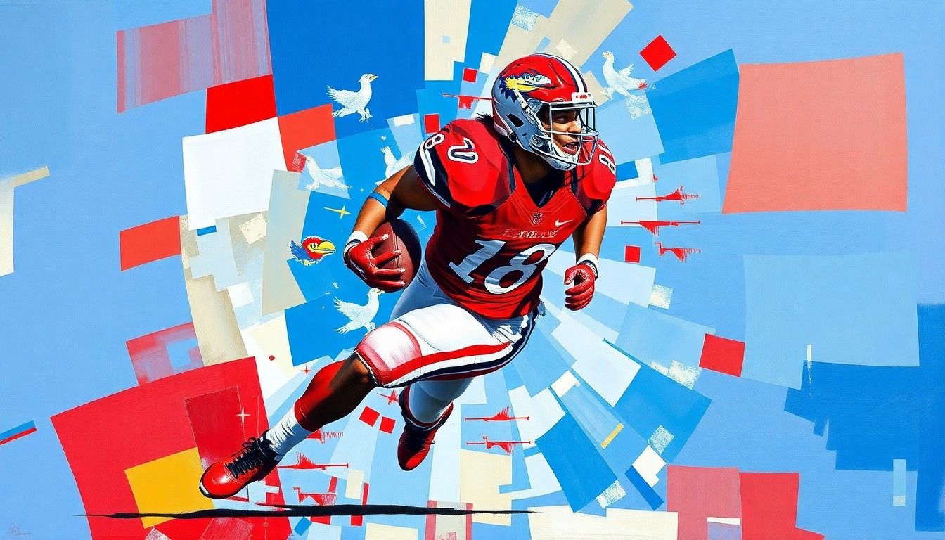 A fractured, cubist-style painting depicting a Kansas Jayhawks football player in mid-motion, with sharp geometric planes in the team's crimson red and blue colors conceptually representing the player's aggressive style of play.