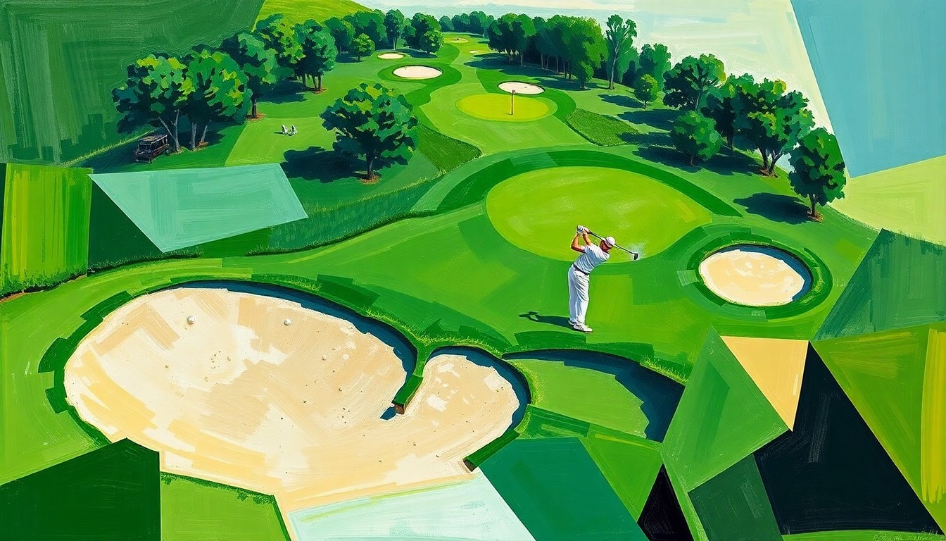A fragmented, geometric painting depicting the various elements of a college golf tournament, including fairways, sand traps, and swinging golf clubs, rendered in an abstract cubist style.