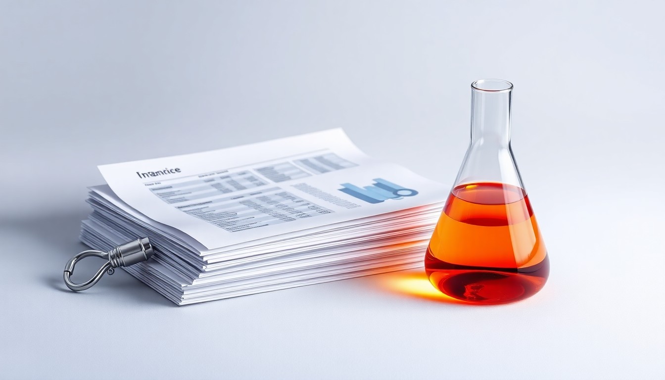 A minimalist, photorealistic studio still life featuring a polished metal medical device, a stack of financial documents, and a glass beaker filled with a glowing liquid, symbolizing the intersection of pharmaceutical innovation, financial oversight, and scientific research.