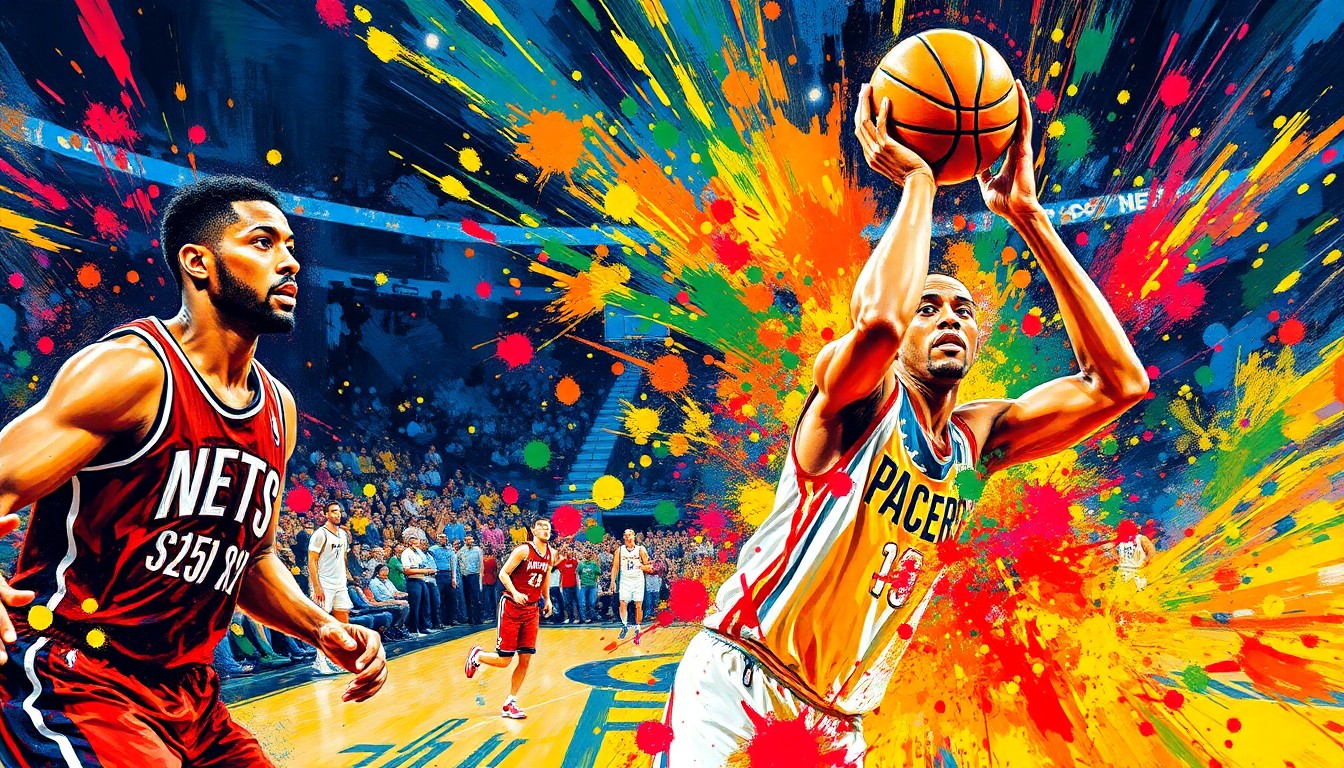 An abstract, expressionist painting featuring vibrant brushstrokes of neon colors that capture the raw energy and excitement of a professional basketball game, with the players' forms dissolving into unrecognizable splatters of paint.